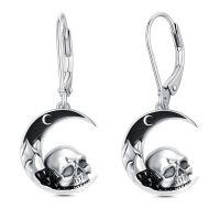 wholesale 925 Sterling Silver Crescent Moon & Skull Drop Earrings for Women Gothic  4cm Long-Skull
