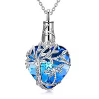 TOUPOP Sterling Silver Blue Crystal Dragonfly Urn Necklace Heart Tree Of Life Memorial Keepsake-undefined