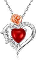 wholesale S925 Sterling Silver 8mm Natural Carnelian Rose Flower Heart Necklace with Cubic Zirconia-0-0