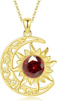 wholesale 925 Sterling Silver Plated Gold  Garnet Red Stone Sun & Moon Pendant Necklace for Women s-Red