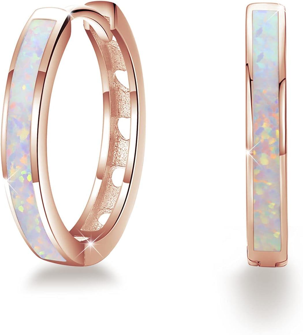 Sterling Silver Simulated Opal Hoop Earrings for Women Hypoallergenic Huggie Hinged Hoops Colorful Jewelry Gift-20mm Rose Gold White-20