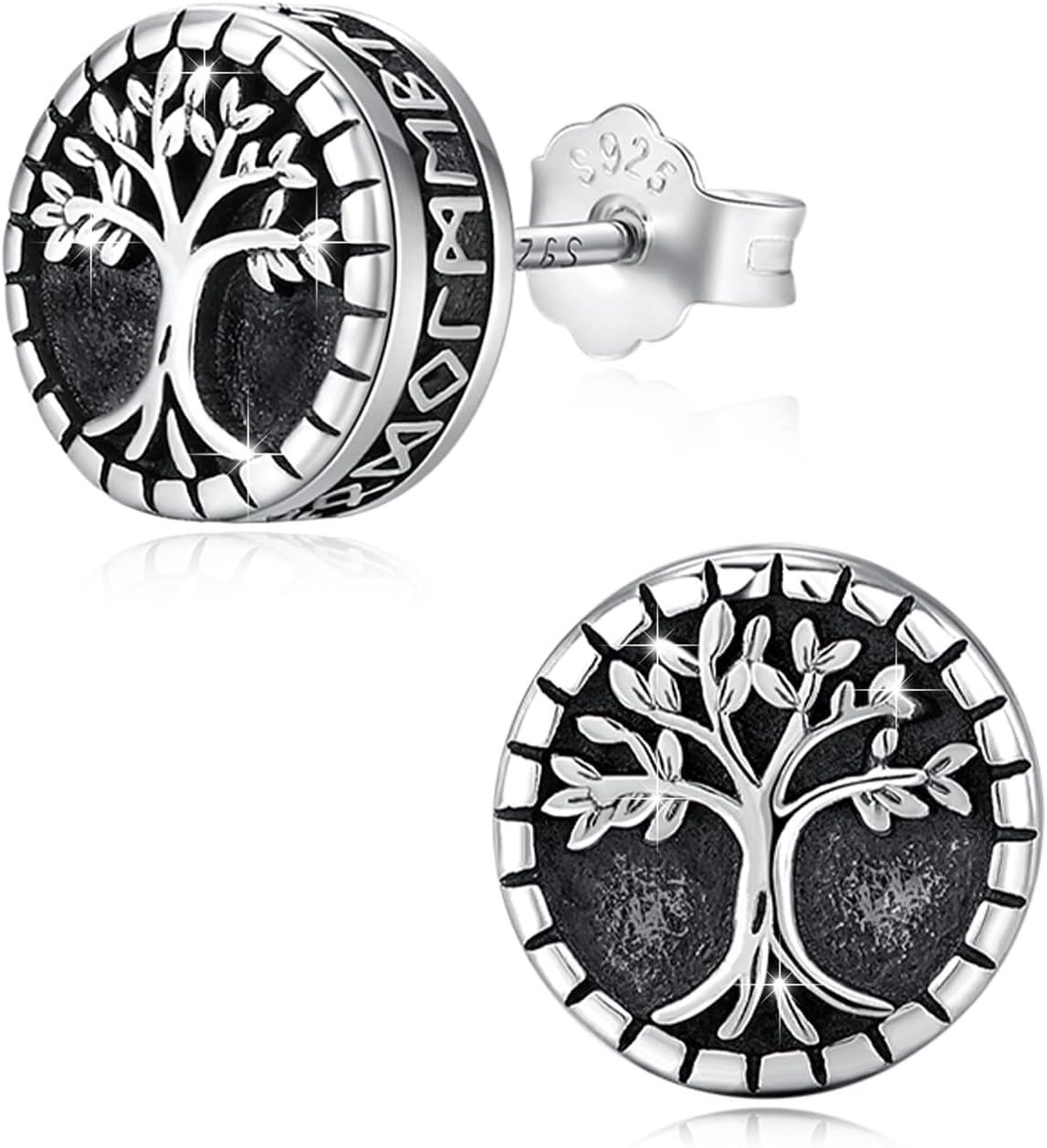 925 Sterling Silver 925 Viking Tree of Life Compass Stud Earrings-0-0