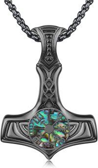 wholesale 925 Sterling Silver Blackened Viking Mjolnir Pendant with Abalone Shell and Rune Design Necklace for Men-Vegvisir (Black)