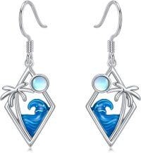 wholesale 925 Sterling Silver Ocean Wave Palm Tree Dangle Earrings with Blue Enamel and Moonstone Accents-Ocean Wave