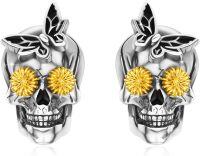 wholesale Sterling Silver Pirate Skull Stud Earrings for Men Women Gothic Jewelry Gifts-Black Butterfly Skull