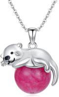 wholesale 925 Sterling Silver Pink Rhodonite Sea Otter Charm Necklace for Women Girls Gifts-0-0