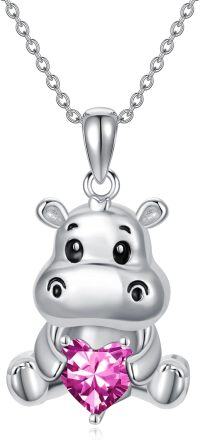 wholesale Sterling Silver Animal Birthstone Necklace Otter Axolotl Hippo Pendant Jewelry Gift for Women-10-Oct-Hippo