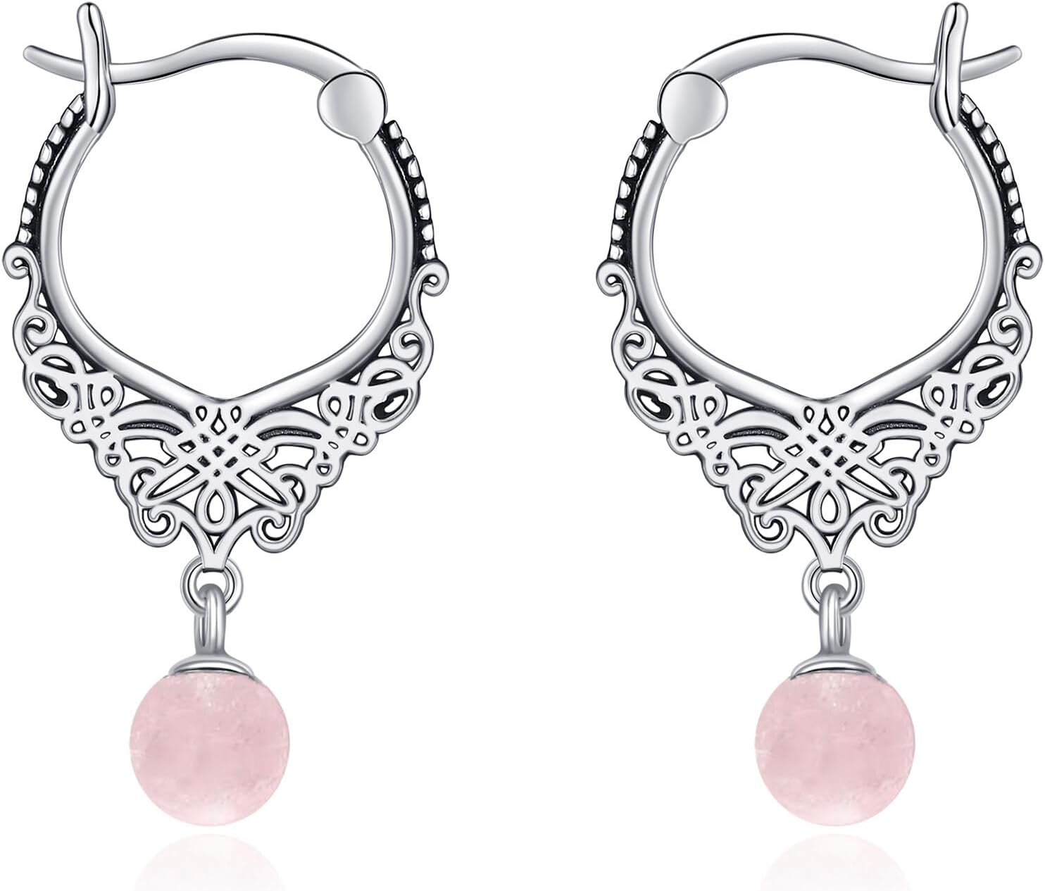 wholesale Sterling Silver Carnelian Moss Agate Turquoise Rose Quartz Filigree Hoop Earrings-Rose Quartz