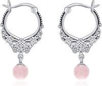 wholesale Sterling Silver Carnelian Moss Agate Turquoise Rose Quartz Filigree Hoop Earrings-Rose Quartz