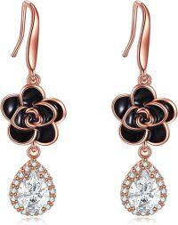 wholesale Rose Gold 925 Sterling Silver Black Flower Drop Earrings with Cubic Zirconia for Women Girls Gift Set-Rose Flower