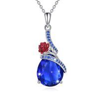 TOUPOP Sterling Silver Sapphire September Morning Glory Flower Pendant Necklace-undefined