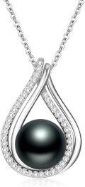 wholesale 925 Sterling Silver Black Pearl Teardrop Pendant with Cubic Zirconia - 10mm Round Bead on 36 Chain (Gift Boxed)-0-0