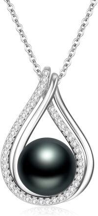 wholesale 925 Sterling Silver Black Pearl Teardrop Pendant with Cubic Zirconia - 10mm Round Bead on 36 Chain (Gift Boxed)-A1-Style 1