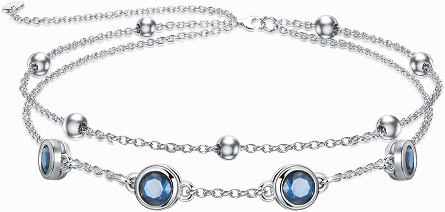 Sterling Silver Birthstone Anklet Bracelets for Women Gifts-12-Blue Topaz Bracelet 7\"-9\"