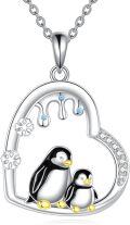 wholesale 925 Sterling Silver Penguin Family Heart Pendant Necklace with Snowflake and Cubic Zirconia Accents-0-0