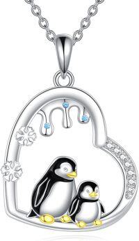 wholesale 925 Sterling Silver Penguin Family Heart Pendant Necklace with Snowflake and Cubic Zirconia Accents-Penguin Necklace