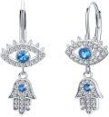 wholesale 925 Sterling Silver Blue CZ Evil Eye Hamsa Hand Drop Leverback Earrings-0-0
