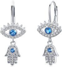 wholesale 925 Sterling Silver Blue CZ Evil Eye Hamsa Hand Drop Leverback Earrings-Blue1