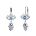 wholesale 925 Sterling Silver Blue CZ Evil Eye Hamsa Hand Drop Leverback Earrings-0-0