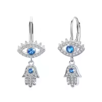 wholesale 925 Sterling Silver Blue CZ Evil Eye Hamsa Hand Drop Leverback Earrings-Blue1