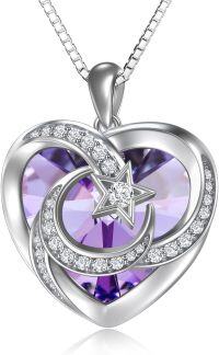 wholesale 925 Sterling Silver Heart Crystal Moon Star Necklace Women s Birthstone Jewelry Gift-02-February