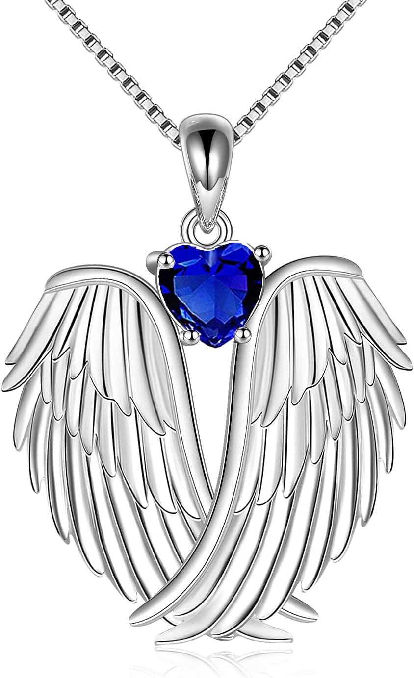 Sterling Silver Birthstone Angel Wings Pendant Necklace-September
