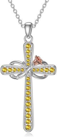 wholesale 925 Sterling Silver Birthstone Rose Flower Infinity Cross Necklace for Women-11-Nov-Citrine