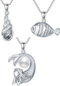wholesale 925 Sterling Silver Mermaid Fish Shell Pearl Necklaces (Set of 3) with Extender Chains-0-0