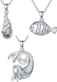 wholesale 925 Sterling Silver Mermaid Fish Shell Pearl Necklaces (Set of 3) with Extender Chains-Mermaid