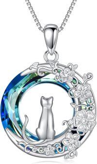 wholesale S925 Sterling Silver & Crystal Cat in Moon Necklace - 0.79 Inch Hypoallergenic Cat Pendant Gift for Women-Cat-1
