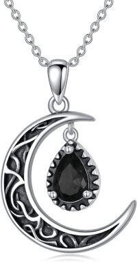 wholesale Sterling Silver Emerald Red Purple Black Rainbow Topaz Green Aquamarine Blue Moss Agate Celtic Moon Teardrop Necklace-Black