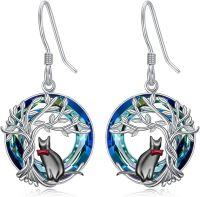 wholesale Sterling Silver Blue Crystal Tree of Life Animal Earrings (Cardinal Owl Fox Snake Sloth Giraffe) Dangle Jewelry Gift for Women-Black Cat