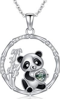 wholesale 925 Sterling Silver Panda Bamboo Heart Pendant Necklace with Green Stone and Cubic Zirconia Accents-Panda