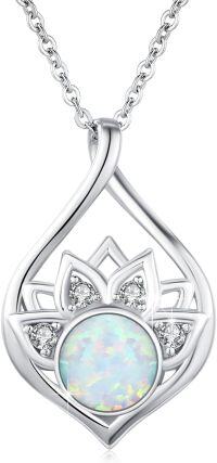 wholesale 925 Sterling Silver Opal & Zircon Lotus Necklace, 18+2 Chain, Elegant Gift for Women-01-White Opal