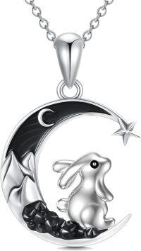 wholesale 925 Sterling Silver Crescent Moon Rabbit Star Black Crystal Necklace Pendant-Bunny
