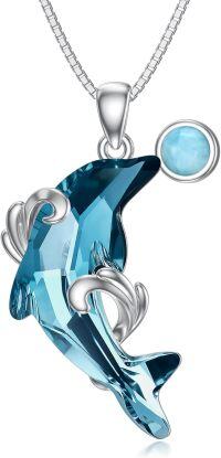 wholesale 925 Sterling Silver Blue Crystal Dolphins with Round Turquoise Stone Pendant Necklaces for Women Girls s 43cm Chain Length-silver