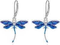 wholesale 925 Sterling Silver Blue Enamel Dragonfly Drop Earrings for Women Girls  4cm Long-Dragonfly earrings