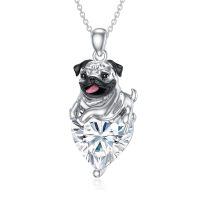 wholesale 925 Sterling Silver Happy Hugging Dog Heart Shape Blue Crystals Pendant Necklace-04-Apri-White