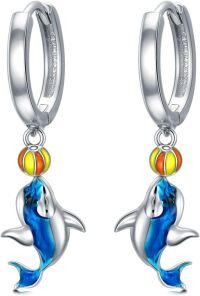 wholesale 925 Sterling Silver Dolphin Drop Earrings Colorful Bead Pendant Gift for Her-Dolphin