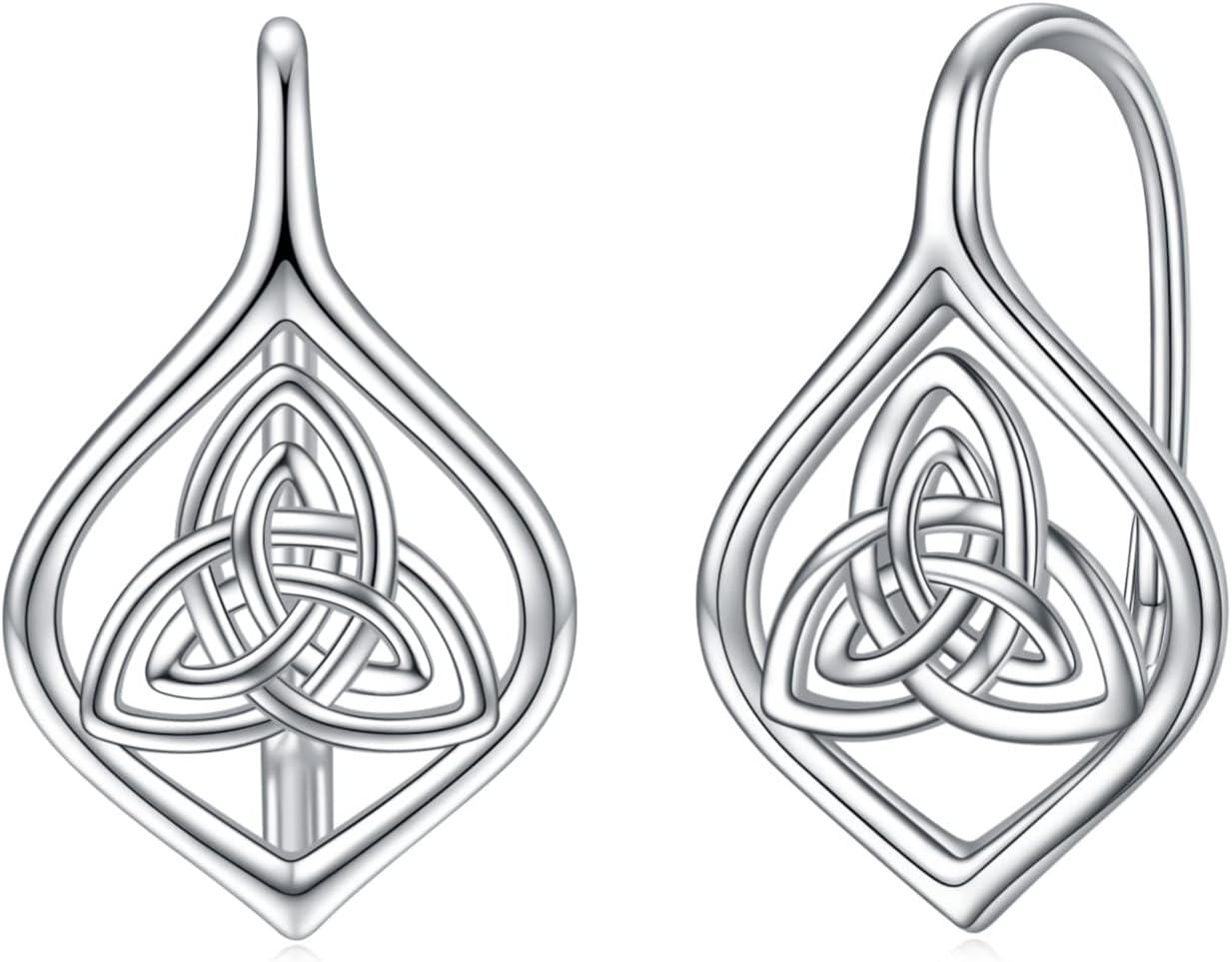 Sterling Silver Leverback Dangle Drop Hoop Earrings for Women Birthday Anniversary Christmas Gifts-08-Leverback-Triquetra