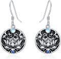 wholesale 925 Sterling Silver Round Lotus Flower Drop Earrings with Moonstone and Sapphire Accents-0-0
