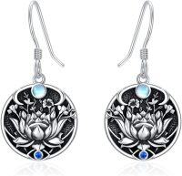 wholesale 925 Sterling Silver Round Lotus Flower Drop Earrings with Moonstone and Sapphire Accents-Evil Eye
