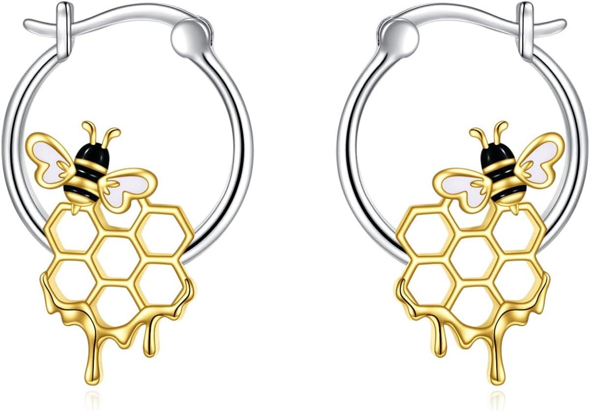 Sterling Silver Animal Hoop Earrings Fox Bear Penguin Axolotl Octopus Raccoon Christmas Gifts for Women-bee honeycomb hoops