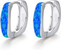wholesale 925 Sterling Silver Blue Opal Huggie Hoop Earrings with 925 Sterling Silver Gold Plating for Women-White gold-Blue