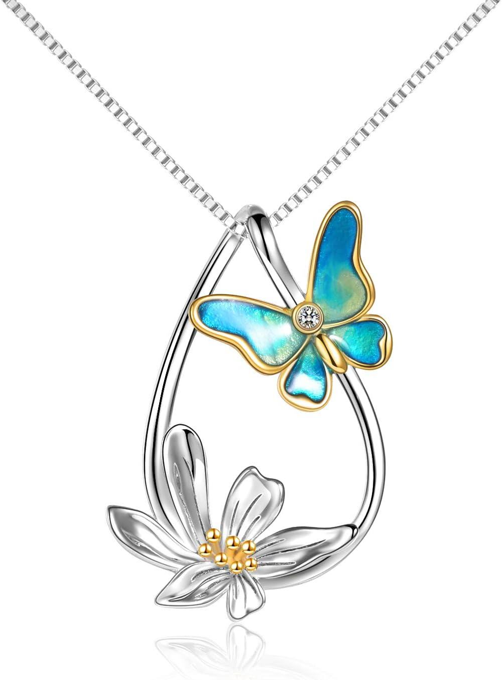 Sterling Silver Daisy Flower Butterfly Teardrop Pendant Necklace Jewelry Gift-A-Blue