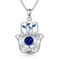 wholesale 925 Sterling Silver Blue Crystal Evil Eye Hamsa Hand Pendant Necklace-0-0