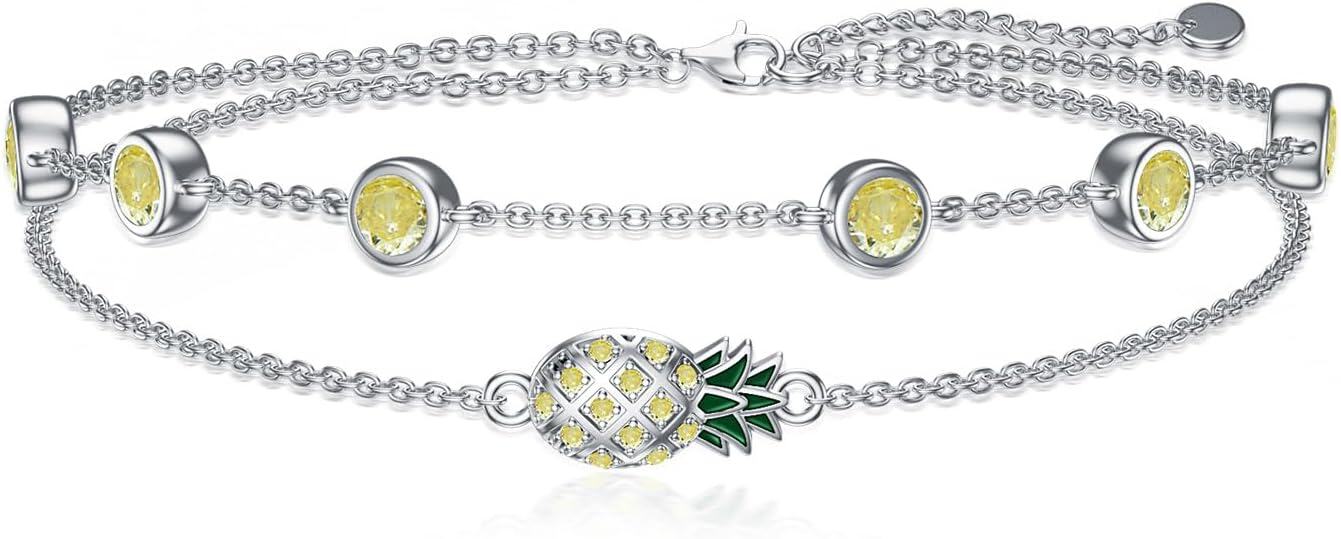 Sterling Silver Birthstone Women s Anklet Bracelets Infinity Butterfly Evil Eye Turtle Pineapple Starfish Heart-Anklet 9"-11"-Pineapple