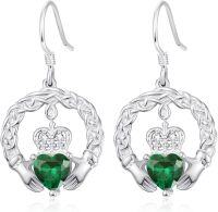 wholesale 925 Sterling Silver with Birthstone Claddagh Earrings for Women Irish Celtic Jewelry Gifts-05-May-Lab Created Emerald