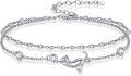 wholesale 925 Sterling Silver Cat Charm Double-Strand Beaded Ankle Anklet with Heart Charms and Cubic Zirconia Stones - Gifts for Her-0-0