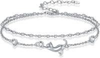 wholesale 925 Sterling Silver Cat Charm Double-Strand Beaded Ankle Anklet with Heart Charms and Cubic Zirconia Stones - Gifts for Her-Cat